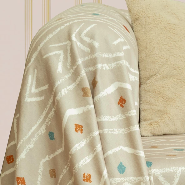 SoftMicro Etnik Desenli Boho 180x220 cm Koltuk Örtüsü Şalı, Kanepe Örtüsü, Tv Battaniyesi Camel - Resim 4