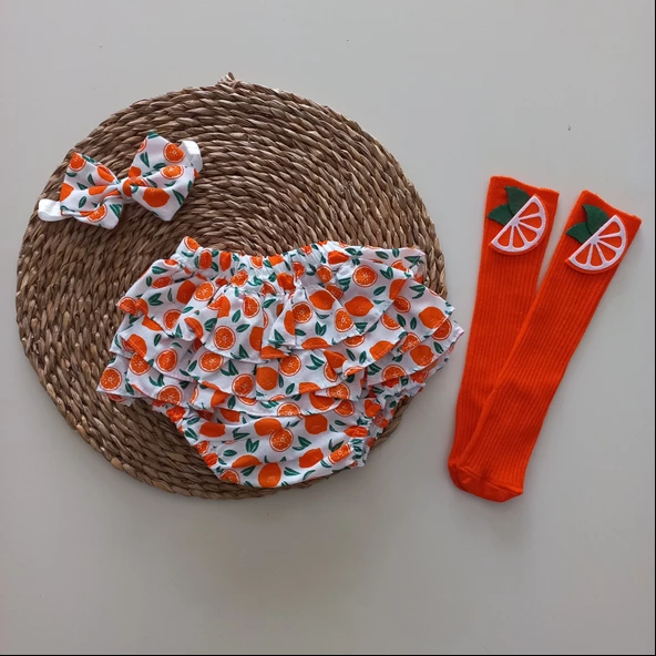 MARS BABY KIZ BEBEK PORTAKAL DESENLİ FIRFIRŞORT ETEK ÇORAPLI TAKIM