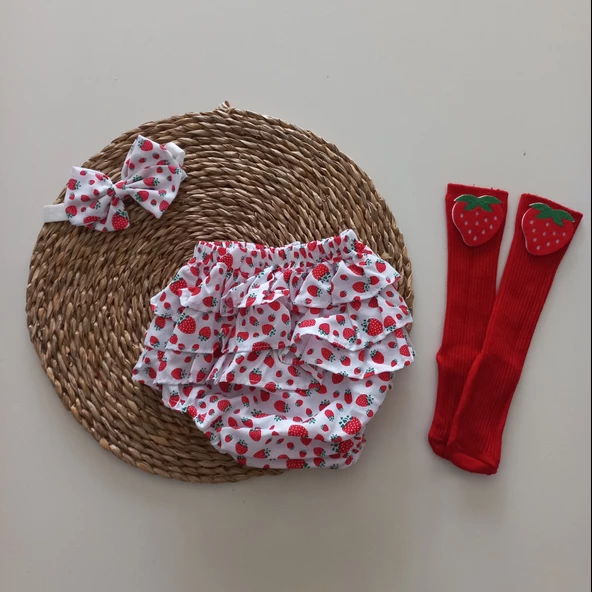 MARS BABY KIZ BEBEK ÇİLEK DESENLİ FIRFIRŞORT ETEK ÇORAPLI TAKIM