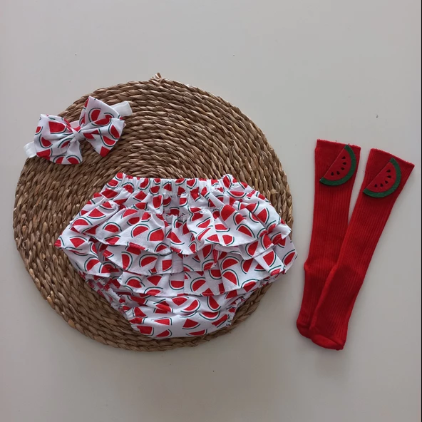 MARS BABY Kız Bebek Karpuz Desenli Fırfırşort Etek Çoraplı Takım