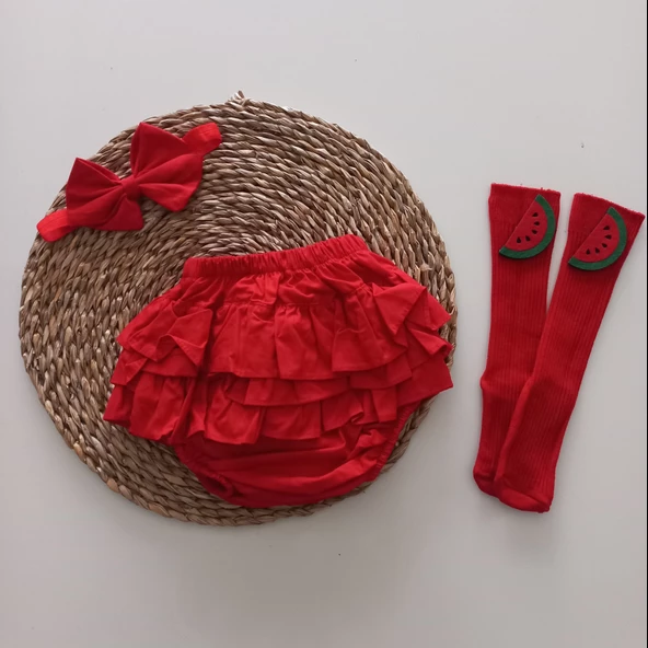 MARS BABY Kız Bebek Kırmızı Fırfırşort Etek Karpuz Çoraplı Takım