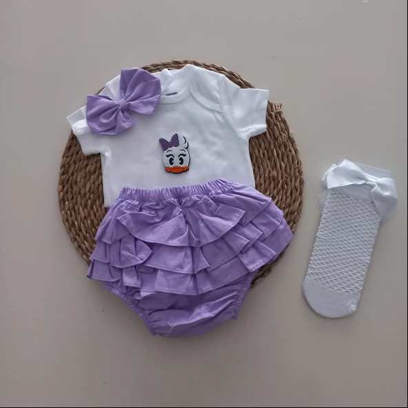 MARS BABY Kız Bebek Lila Daisy Fırfır Şort Etek Bodyli Beyaz File Takımı