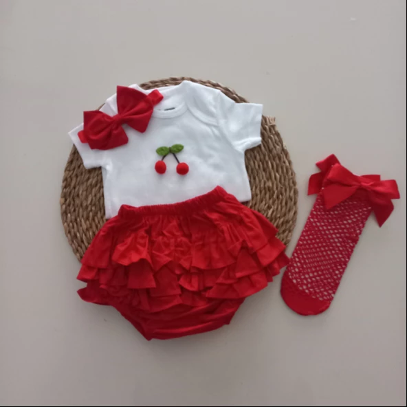 MARS BABY Kız Bebek Ponpon Kiraz Fırfır Şort Etek Bodyli Kırmızı File Takımı