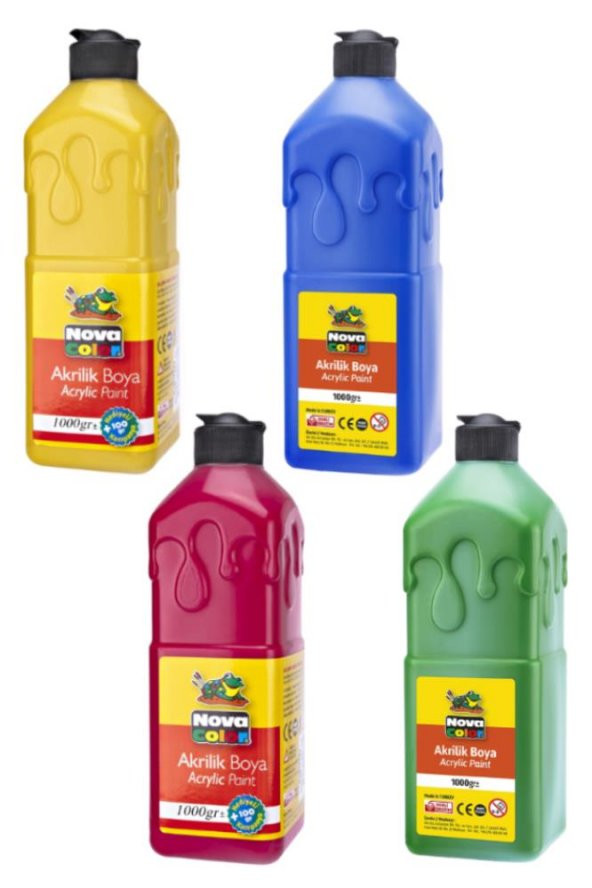 Akrilik Boya 1000 gr 4 Renk 1 Paket Su Bazlı Akrilik Boyası Hobi Sanatsal Boya Tuval Ahşap Metal Ağaç Taş Beton