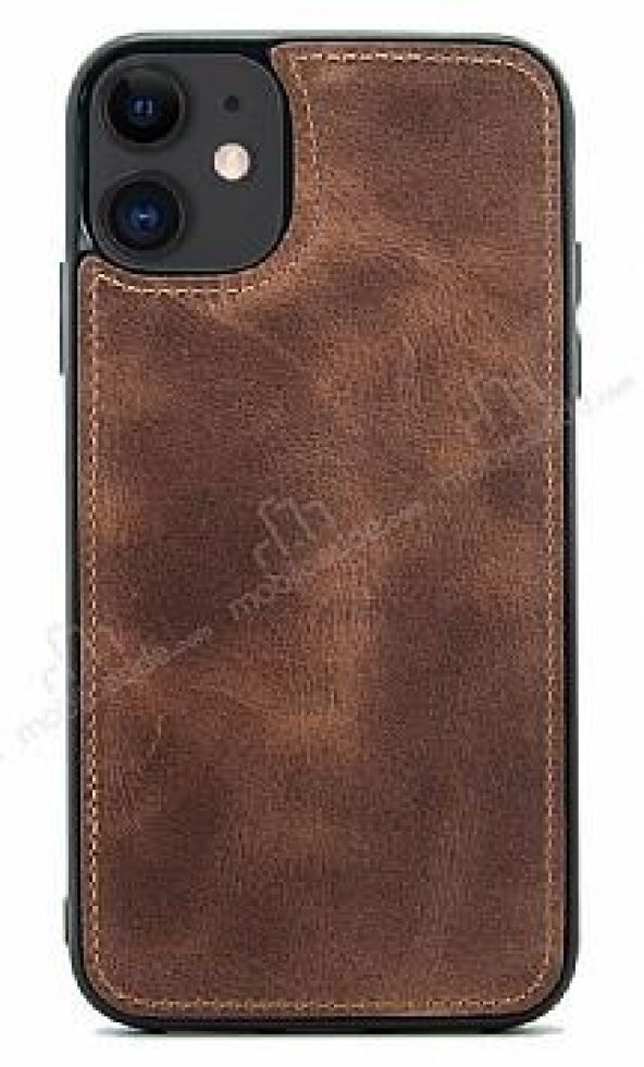 iPhone 12 Kahverengi Kılıf Hakiki Deri Slikonlu Mıknatıslı