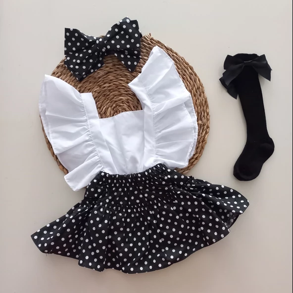 MARS BABY Kız Bebek Siyah Puantiyeli Fırfırlı Salopet Bandana Fiyonklu Çorap Takım