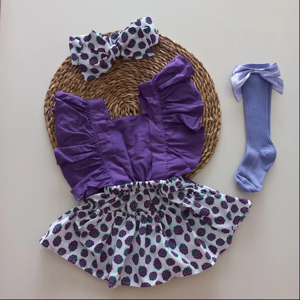 MARS BABY Kız Bebek Böğürtlen Desenli Fırfırlı Salopet Bandana Fiyonklu Lila Çorap Takımı