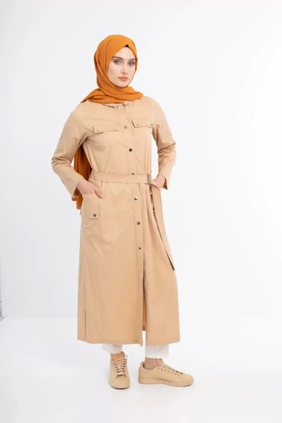 Çıtçıtlı Rivetli Trençkot - Bej - 2