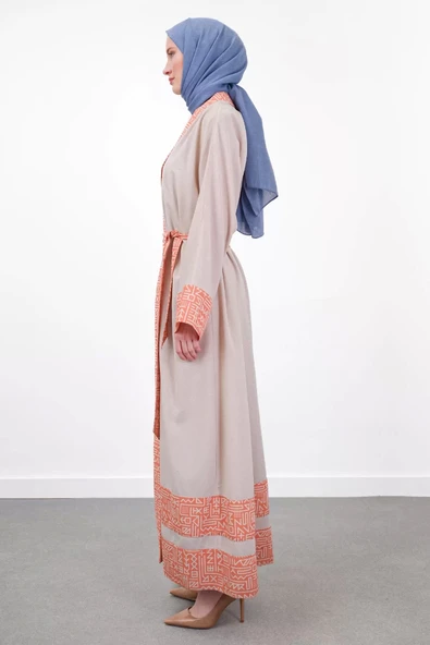 Garni Detaylı Kuşaklı Keten İkili Kimono - Bej/Oranj - 2