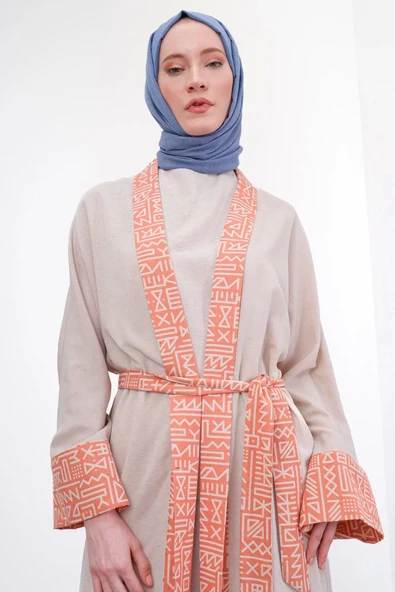 Garni Detaylı Kuşaklı Keten İkili Kimono - Bej/Oranj - 7