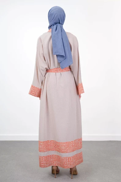 Garni Detaylı Kuşaklı Keten İkili Kimono - Bej/Oranj - 3