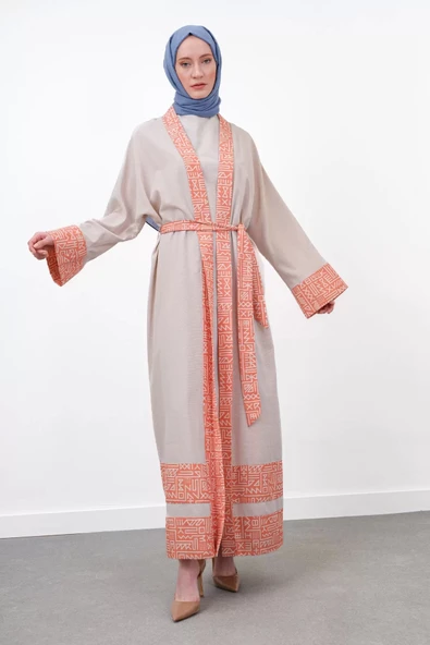 Garni Detaylı Kuşaklı Keten İkili Kimono - Bej/Oranj - 6