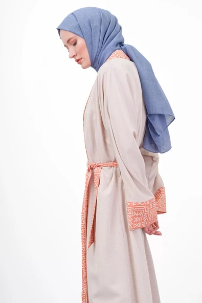 Garni Detaylı Kuşaklı Keten İkili Kimono - Bej/Oranj - 5