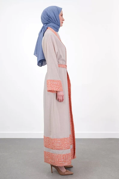 Garni Detaylı Kuşaklı Keten İkili Kimono - Bej/Oranj - 4