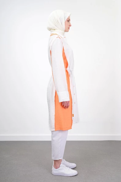 Bel Bağcıklı Taş İşlemeli Tunik - Ekru/Oranj - 8
