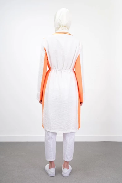 Bel Bağcıklı Taş İşlemeli Tunik - Ekru/Oranj - 2