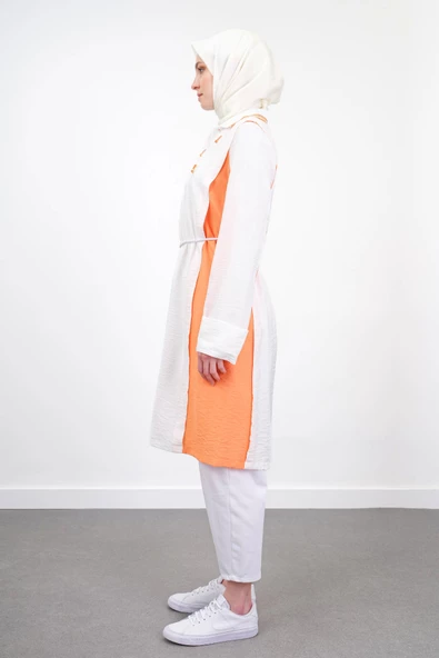 Bel Bağcıklı Taş İşlemeli Tunik - Ekru/Oranj - 6