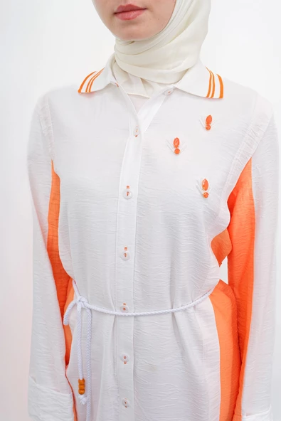 Bel Bağcıklı Taş İşlemeli Tunik - Ekru/Oranj - 5