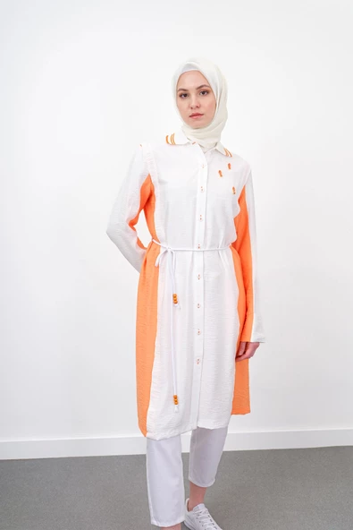 Bel Bağcıklı Taş İşlemeli Tunik - Ekru/Oranj - 7