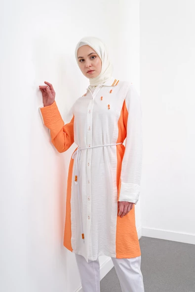 Bel Bağcıklı Taş İşlemeli Tunik - Ekru/Oranj - 4