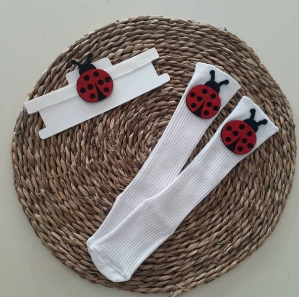 MARS BABY Kız Bebek Kırmızı Uğur Böceği Figürlü Bandana ve Beyaz Çorap Set
