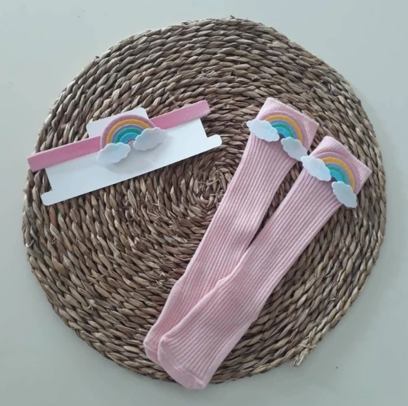 MARS BABY Kız Bebek Pembe Gökkuşağı Figürlü Bandana ve Çorap Set