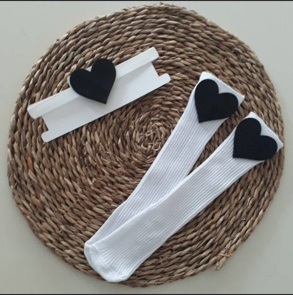 MARS BABY Kız Bebek Siyah Kalp Figürlü Bandana ve Beyaz Çorap Set