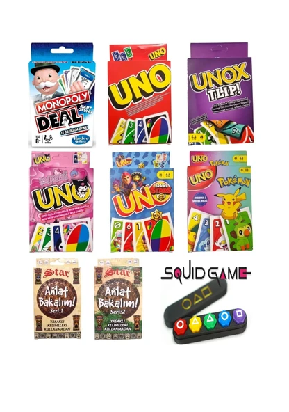 Beş taş Uno Unox Tlip Monopoly Kuromi Brawl Stars Pokemon Oyun Kartları Anlat Bakalım Seri 1 ve 2