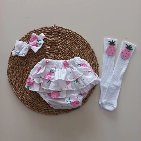 MARS BABY Kız Bebek Pembe Ananas Desenli Fırfırşort Etek Bandana Çorap Takım