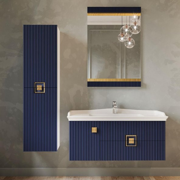 Denko Lennestad 100 cm MDF Mat Lacivert Banyo Dolabı Takımı ve Boy Dolabı - 2