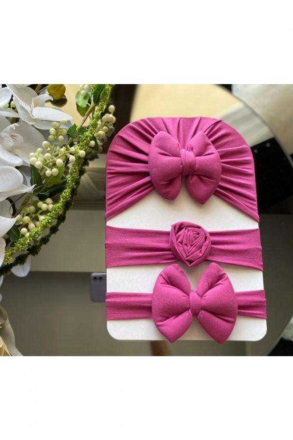 Kız Bebek 0-6 Ay Mürdüm Renk Fiyonklu Bandana Saç Bandı 3 Parça Set
