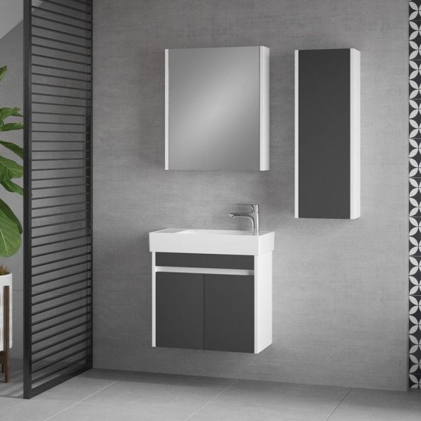 Denko Natalia 60 cm MDF Antrasit Gri Banyo Dolabı Takımı ve Boy Dolabı - 2