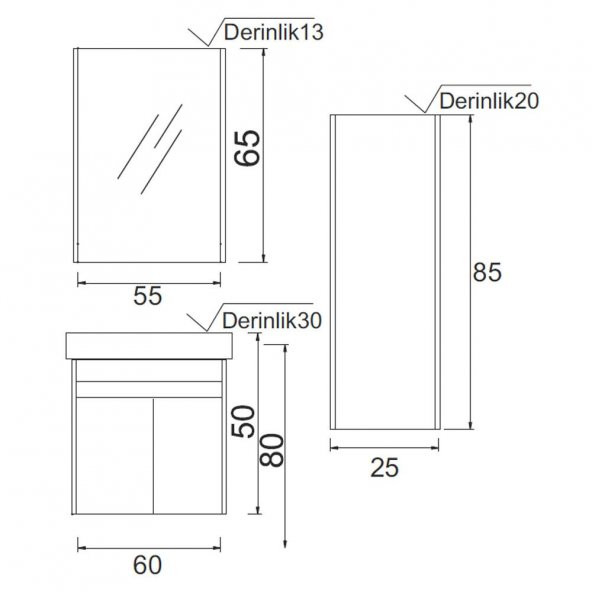Denko Natalia 60 cm MDF Antrasit Gri Banyo Dolabı Takımı ve Boy Dolabı - 6