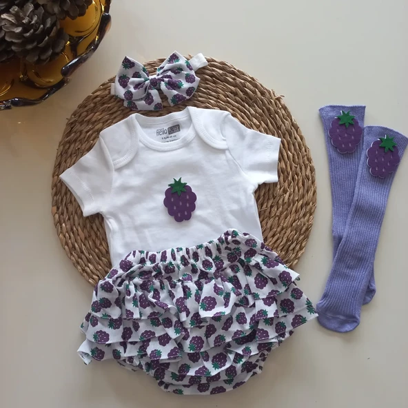MARS BABY Kız Bebek Lila Böğürtlen Desenli Fırfırşort Etek Bandana Figürlü Çorap Set