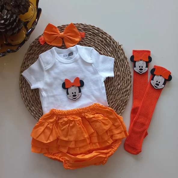 MARS BABY Kız Bebek Turuncu Fırfırşort Etek Bandana Minnie Mouse Figür Çorap Set