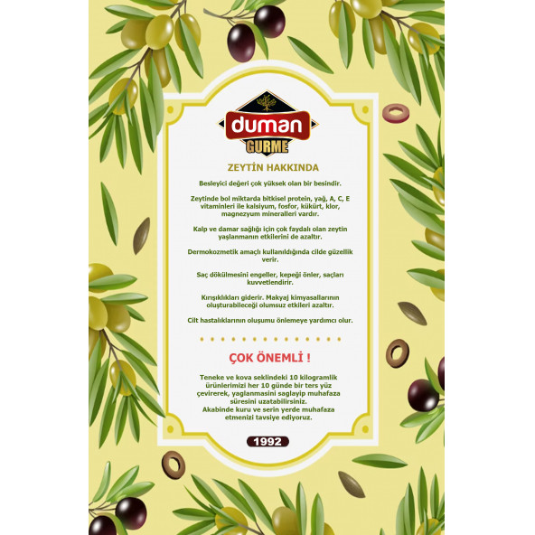 DUMAN GURME Gemlik Yağlı Sele Siyah Zeytin S Boy 290-320 Klb 10 KG - 4