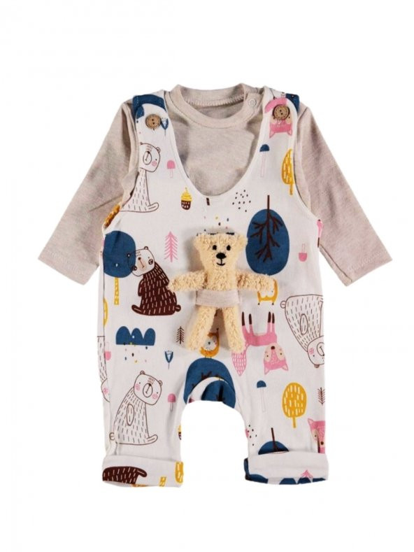 Erkek Bebek Pamuklu Kumaş Hayvan Desenli Oyuncak Ayılı Salopet ve T-shirt 2 Parça Takım