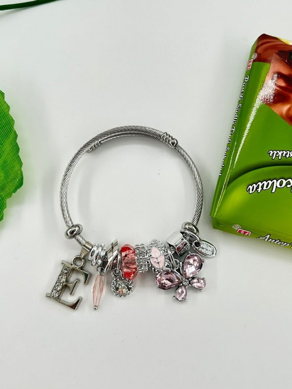 Kadın Charm E Harfi & Pembe Taşlı Çelik Kelebek Bileklik - 2