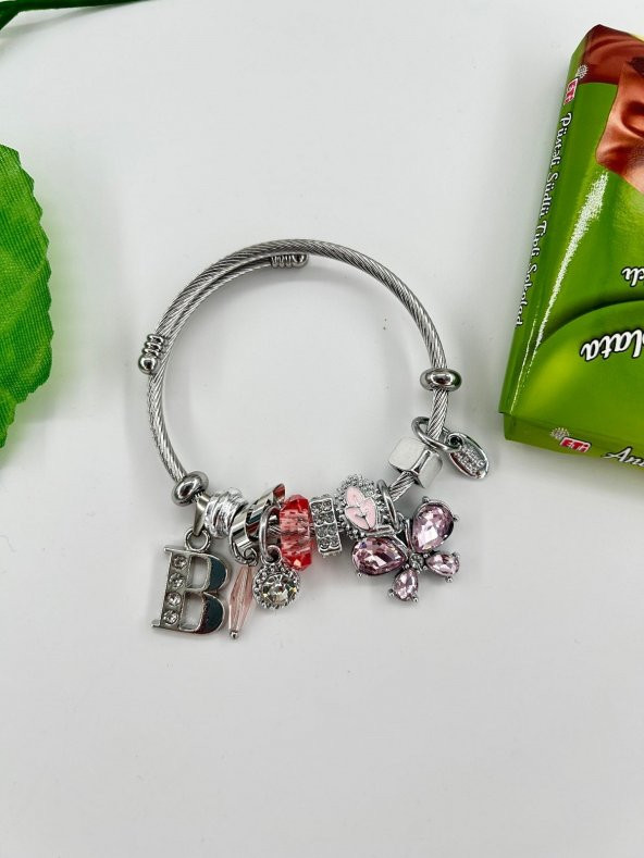 Kadın Charm B Harfi & Pembe Taşlı Çelik Kelebek Bileklik - 5