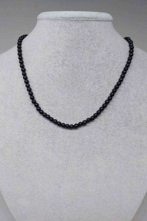 Shungite (Şungit) Taşı 4mm 1000 Ayar Gümüş İpli Kolye (Klipsli) ürün görseli 1