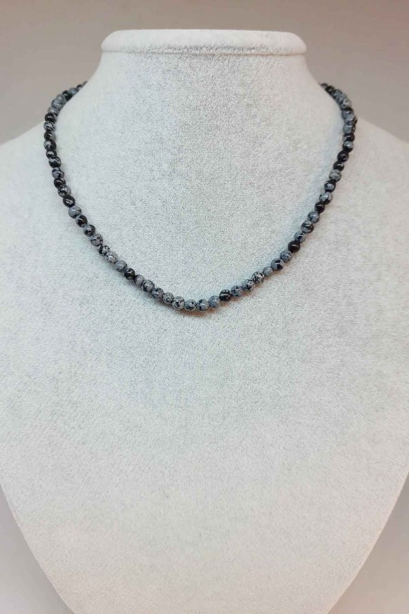 Kar Tanesi Obsidyen Taşı 4-4.5mm aralığı 1000 Ayar Gümüş İpli Kolye (Klipsli) ürün görseli