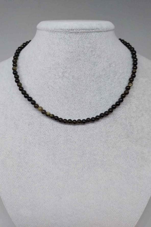 Golden & Siyah Obsidyen Taşı 4,5mm 1000 Ayar Gümüş İpli Kolye (Klipsli) ürün görseli
