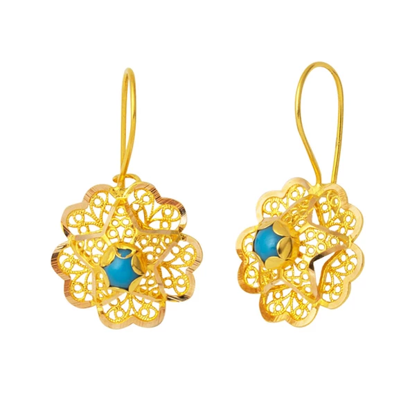 14 Ayar Firuze Taşlı Altın Gül Küpe ürün görseli 1