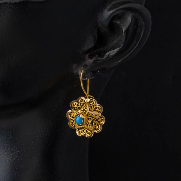 14 Ayar Firuze Taşlı Altın Gül Küpe - Resim 2