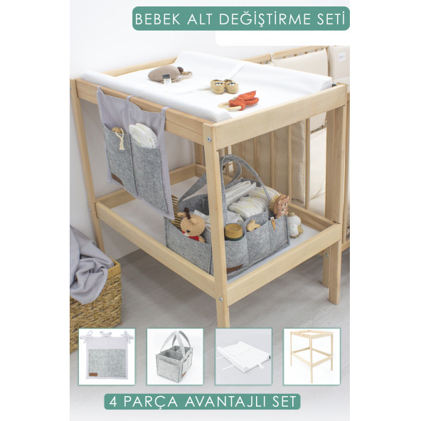 Mordesign Bebek 4 Parça Avantajlı Set, Bebek Alt Değiştirme Masası ve Pedi, Bağlamalı ve Sepet Keçe Organizer
