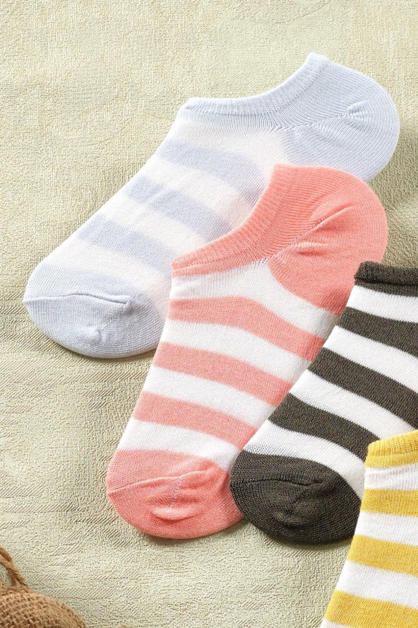 4 Çift Kadın Çizgili Kısa Çorap | Extra Soft Unisex Pamuklu Patik Çorap - 2