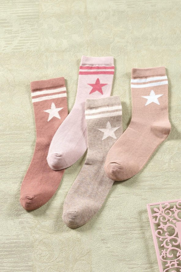 4 Çift Kadın Uzun Çorap | Yıldız Desen Extra Soft Unisex Pamuklu Patik Çorap