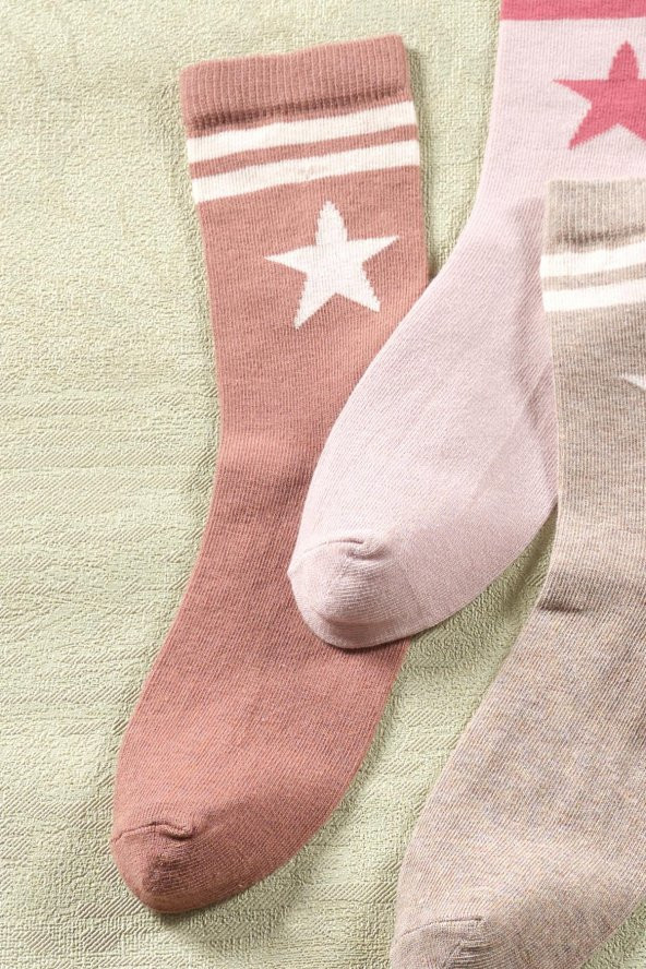 4 Çift Kadın Uzun Çorap | Yıldız Desen Extra Soft Unisex Pamuklu Patik Çorap - 2