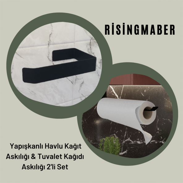 Risingmaber Metal Mat Siyah Yapışkanlı Tuvalet Kağıtlık ve Kağıt Havluluk İkili Set