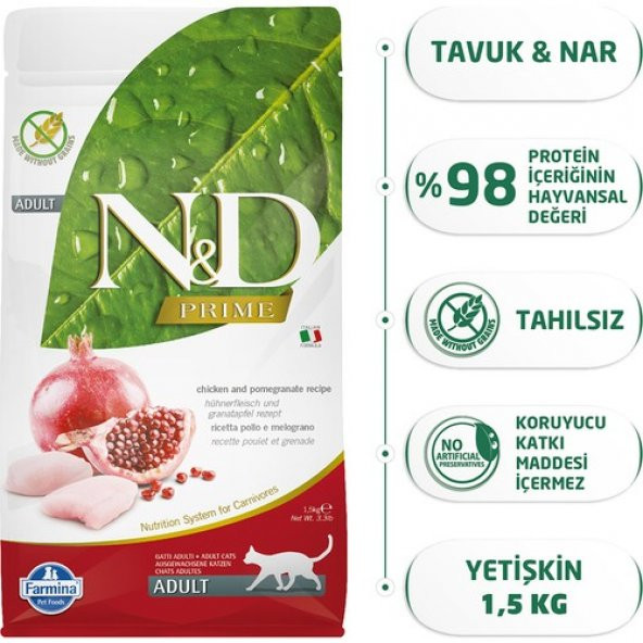 N&D Prime Tahılsız 1,5 kg Tavuklu Narlı Yetişkin Kedi Maması